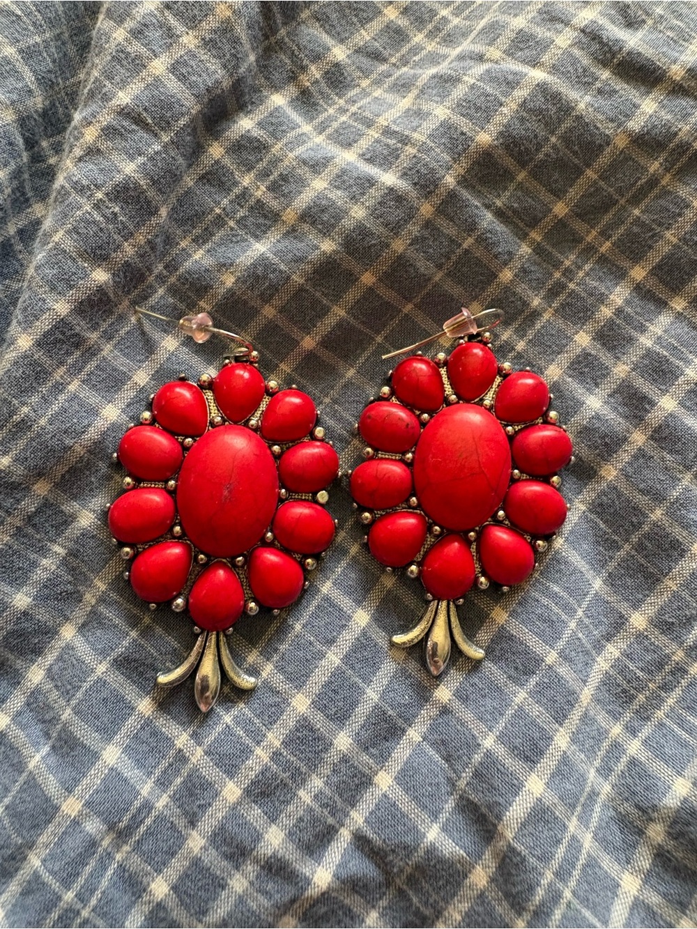 Red Floral Statement Drop Earrings - Women Jewelry